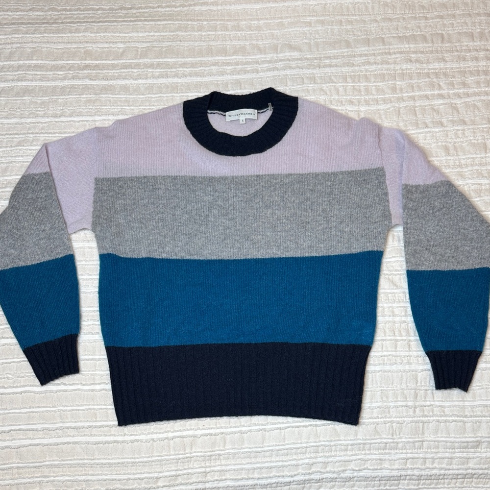 White + Warren Multicolor‎ 100% Cashmere Color block Stripe Crewneck Sweater - S